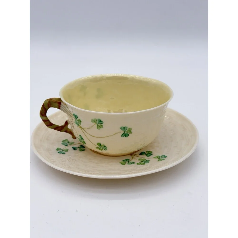 Belleek Irish Porcelain Shamrock Teacup & Saucer 5th Green Mark 1955–1965